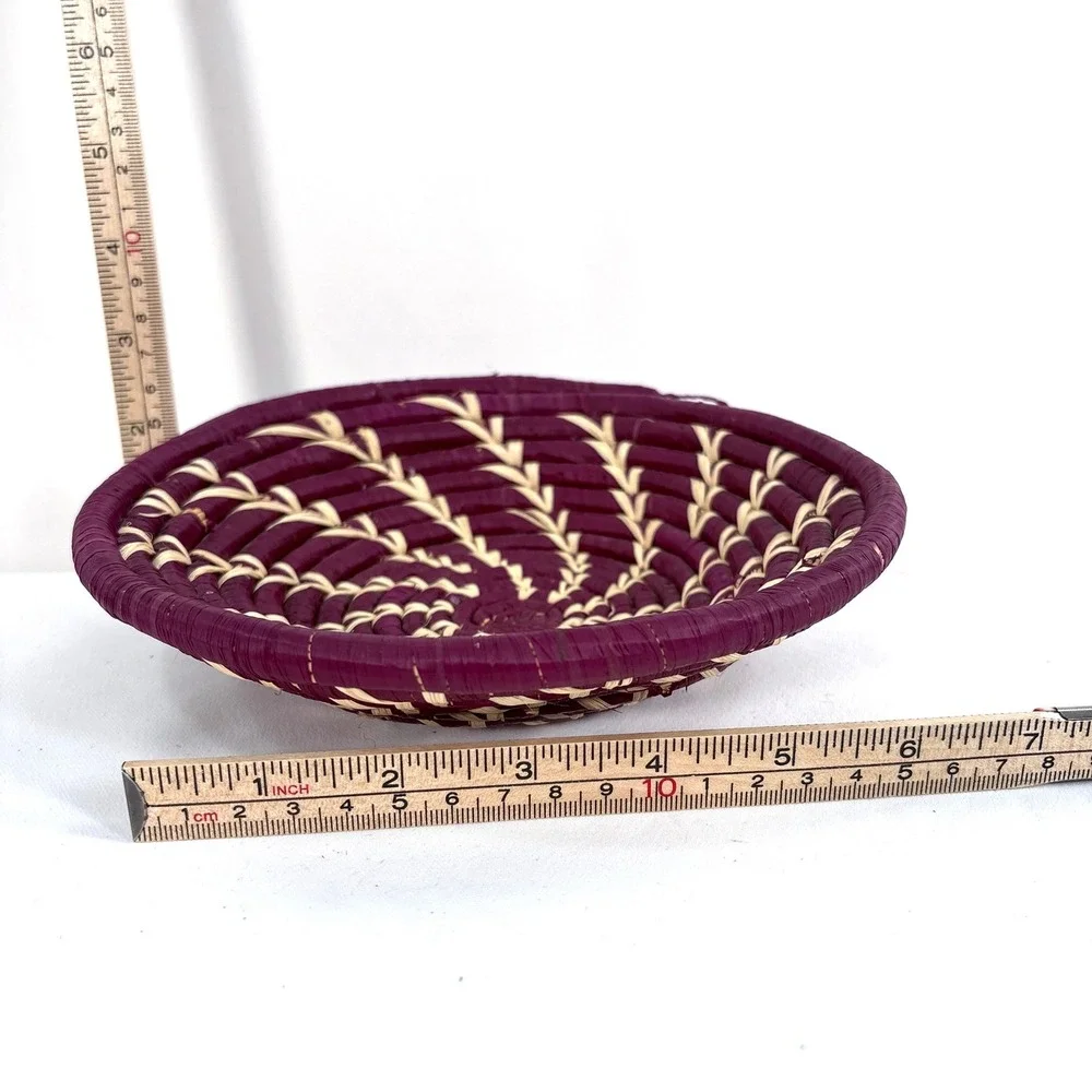 Handmade Woven Basket Bowl Purple Natural Raffia Spiral Wall Decor 8 Inch